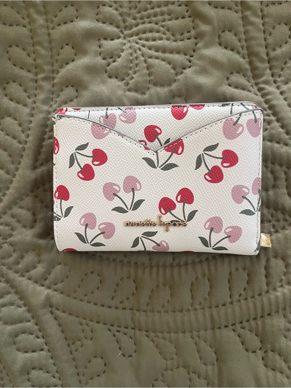 Nanette Lepore White Card Wallet with Red and Pink Cherry Print